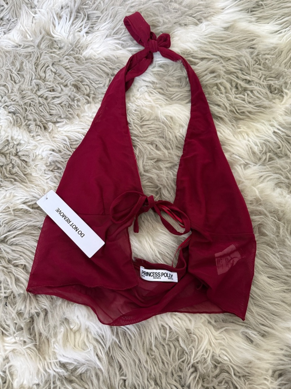 Princess Polly Wine Red Halter Tie-Back Crop Top